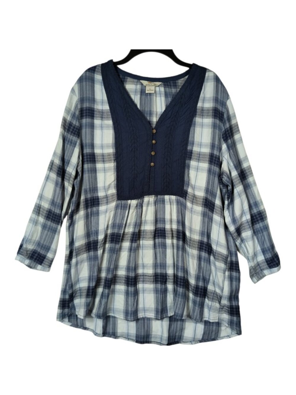 Bob Timberlake Womens XL Tunic Linen Blend Pullover Shirt Blue Indigo Plaid
